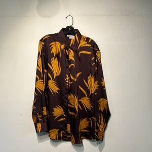 Zara satin like long sleeve shirt dark brown/purple with gold leaf design